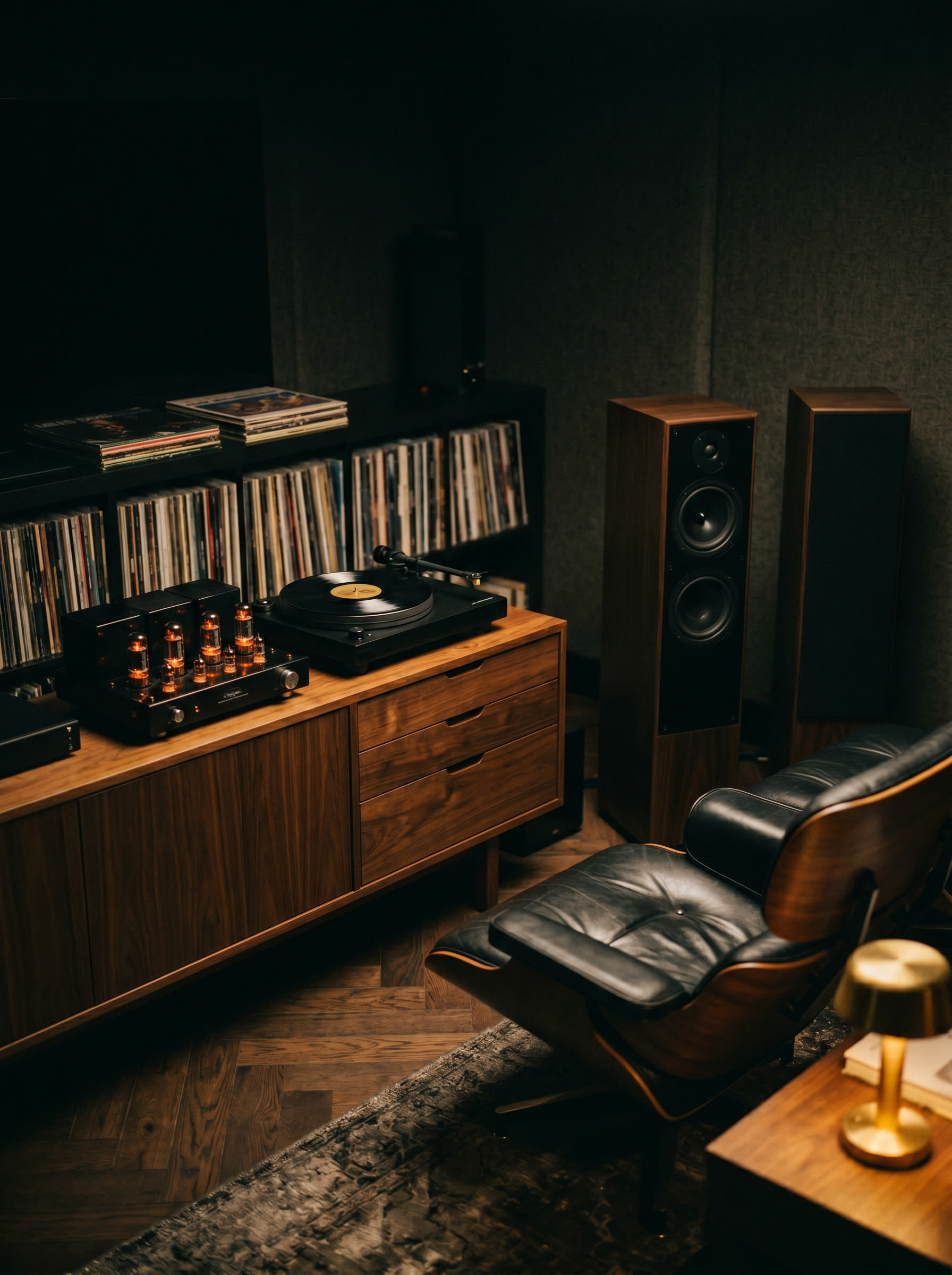 Hi-Fi Listening Room Buyer's Guide cover. walnut credenza with turntable, tube amplifier, and leather chair