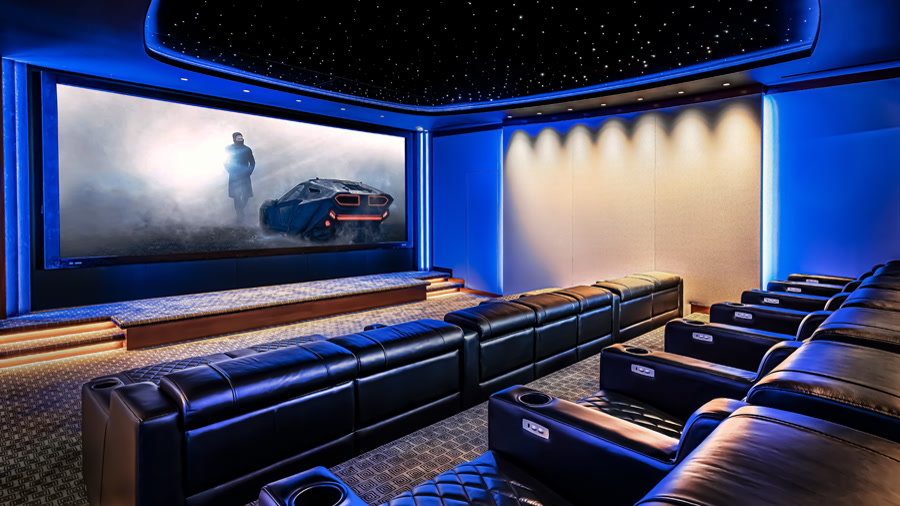 The Nashville — super-sleek contemporary home theater with seating for 14 and an integrated bar