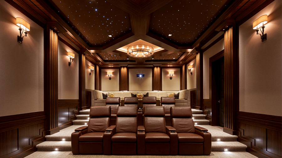 The Jaffe — custom circular couch and fiber-optic diamond-pattern ceiling in a luxury AcousticSmart home theater