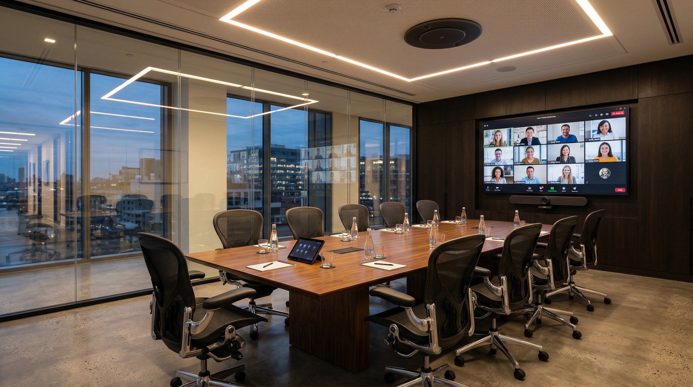 Modern corporate conference room with video conferencing system and ceiling microphone array