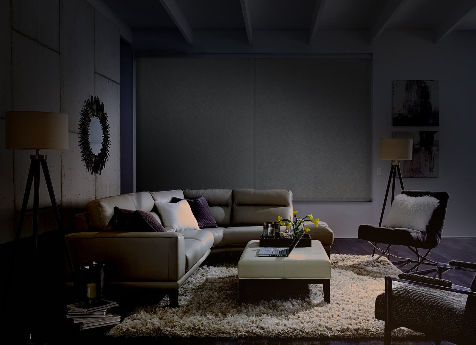 Luxury residential living room with circadian lighting scene set to movie-night mode — Audio Command Systems Lutron lighting control