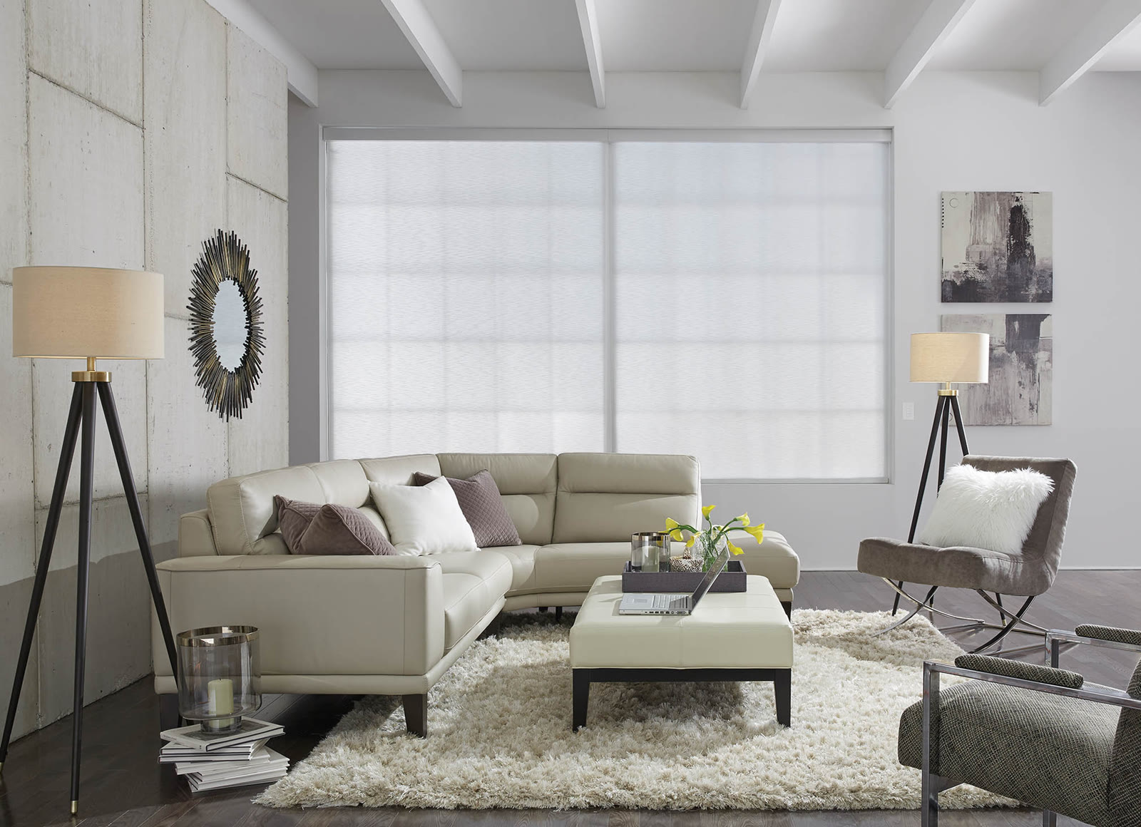Luxury residential daytime lighting scene with motorized shades — Audio Command Systems integration