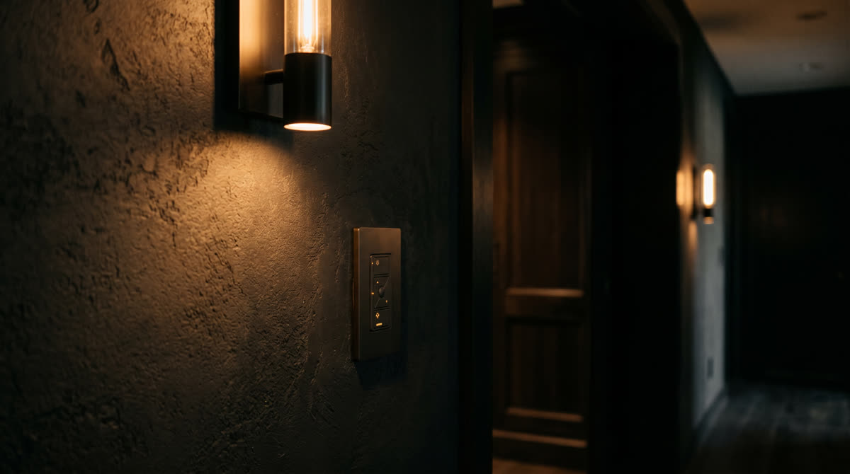 Luxury residential hallway dimmer keypad with warm LED wall sconces glowing at low level. Restrepo Innovations