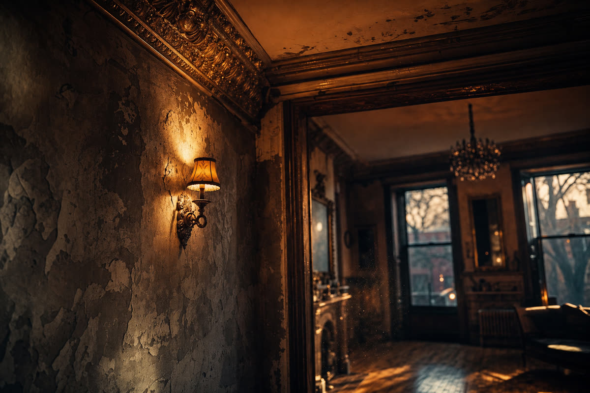 Brooklyn brownstone parlor floor at twilight - aged plaster wall and ornate ceiling cornice under warm sconce light