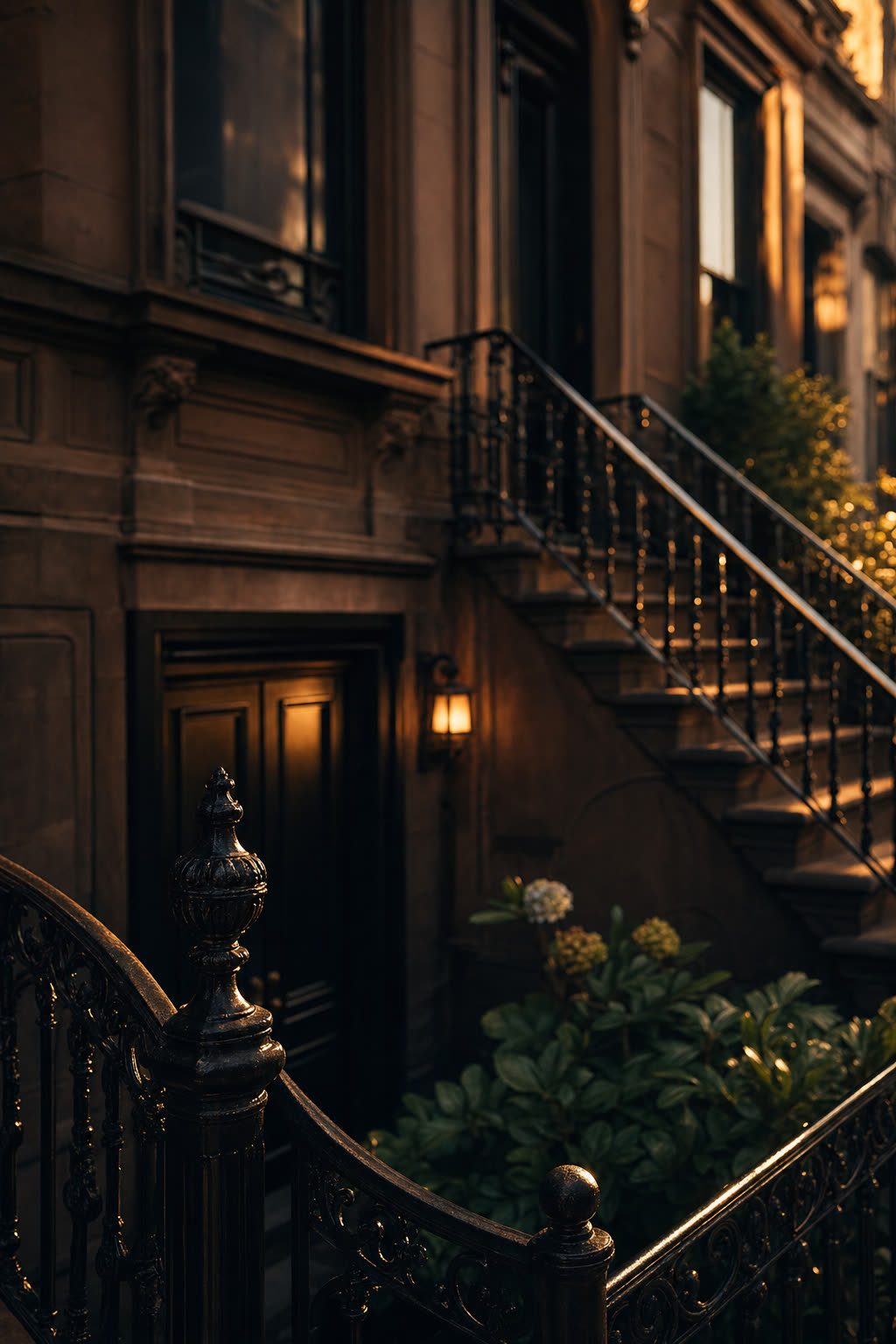 Brownstone front stoop at golden hour - ornate iron railing in foreground, garden-level door visible, historic facade