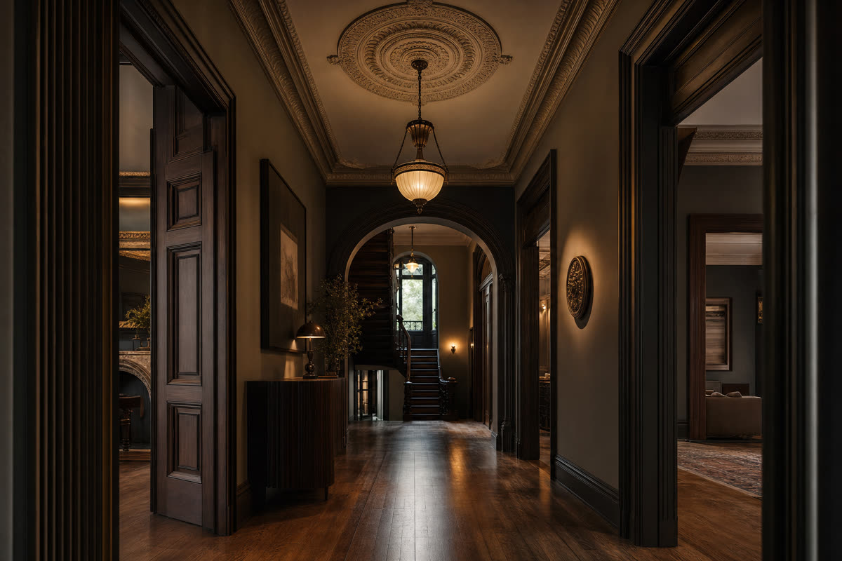 Restored brownstone hallway - original wood floors and ceiling medallion with warm amber light on plaster moldings