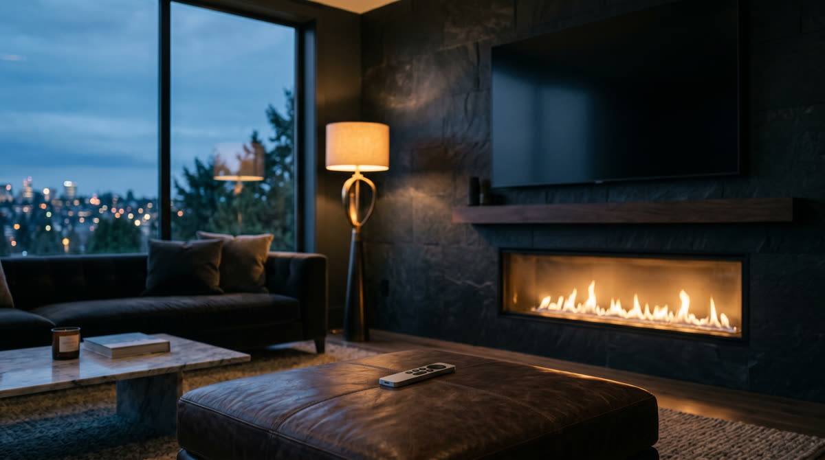 Modern luxury living room at dusk. large TV above fireplace, Apple TV remote on leather ottoman, warm lamp glow