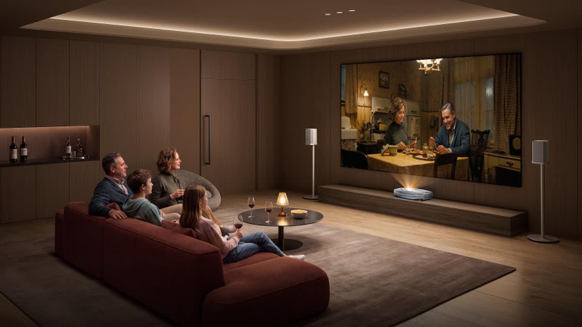 AWOL Vision home theater with a large screen and RGB laser ultra-short-throw projection