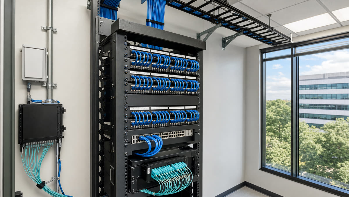 Commercial telecom room in a Fairfield County Connecticut office with a rack of labeled patch panels and dressed blue Cat6A cables