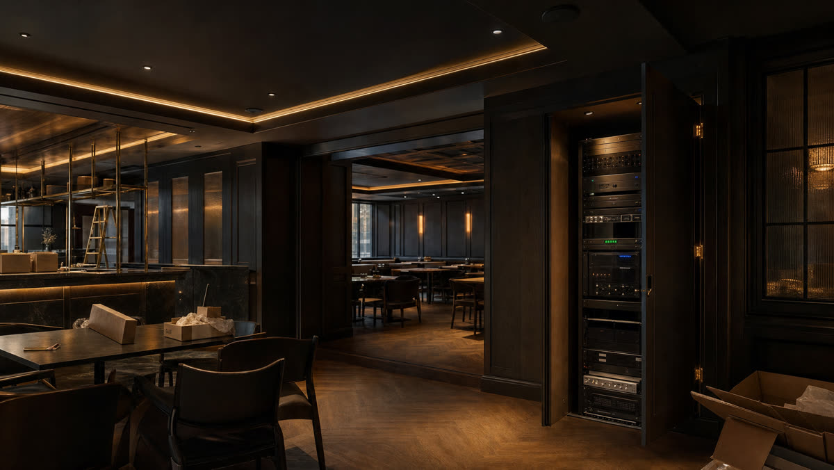Commercial restaurant audio system cost in New Jersey, shown in a refined dining room with ceiling speakers, a bar, and a serviceable audio rack