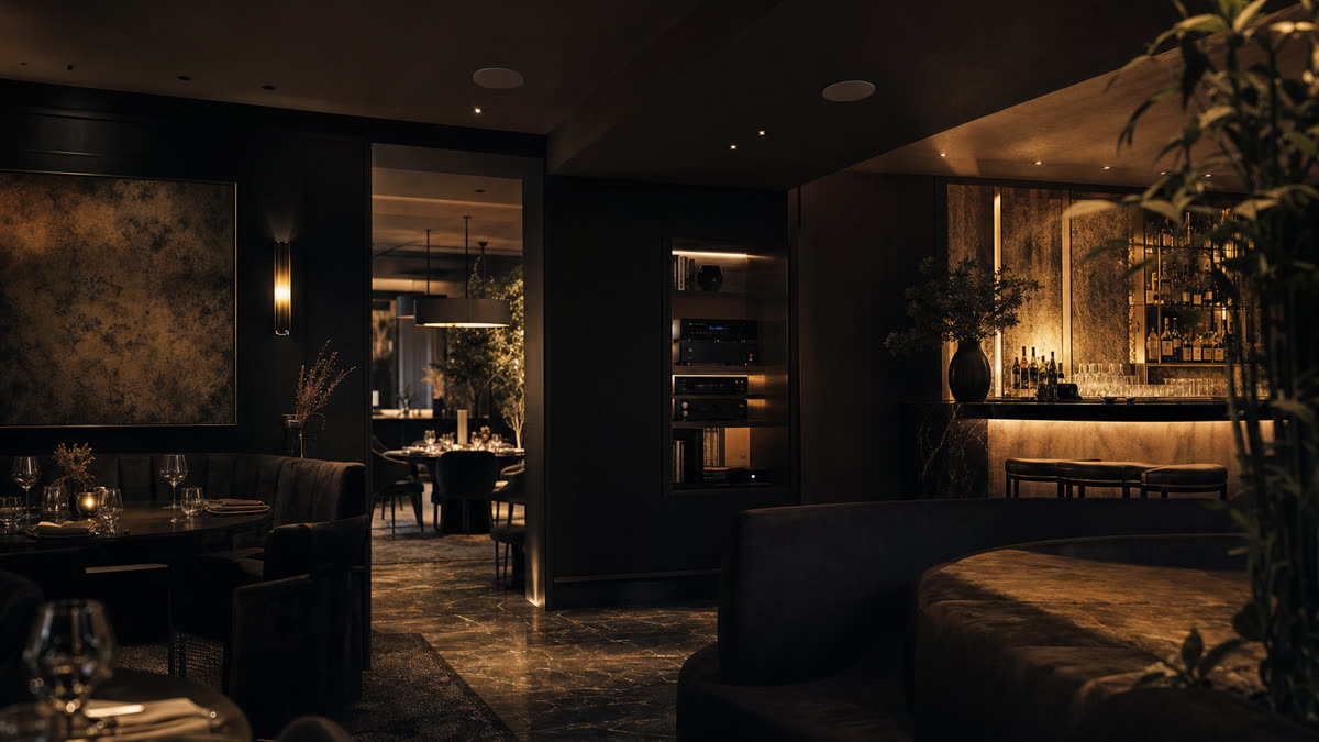 Commercial restaurant audio system cost in New Jersey, shown in a refined dining room with discreet ceiling speakers, a softly lit bar, and a serviceable equipment rack