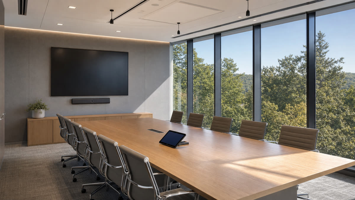 Fairfield County Connecticut conference room with a wall display, video bar, ceiling microphones, and a table touch panel