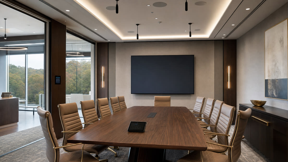 Bergen County office conference room with a Crestron touch panel on a walnut table, wall display, and ceiling microphones