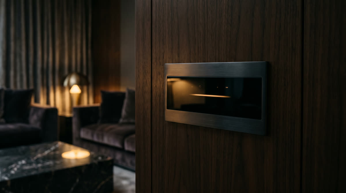 Wall-mounted luxury control panel in a moody living room with warm amber lighting and dark walnut paneling