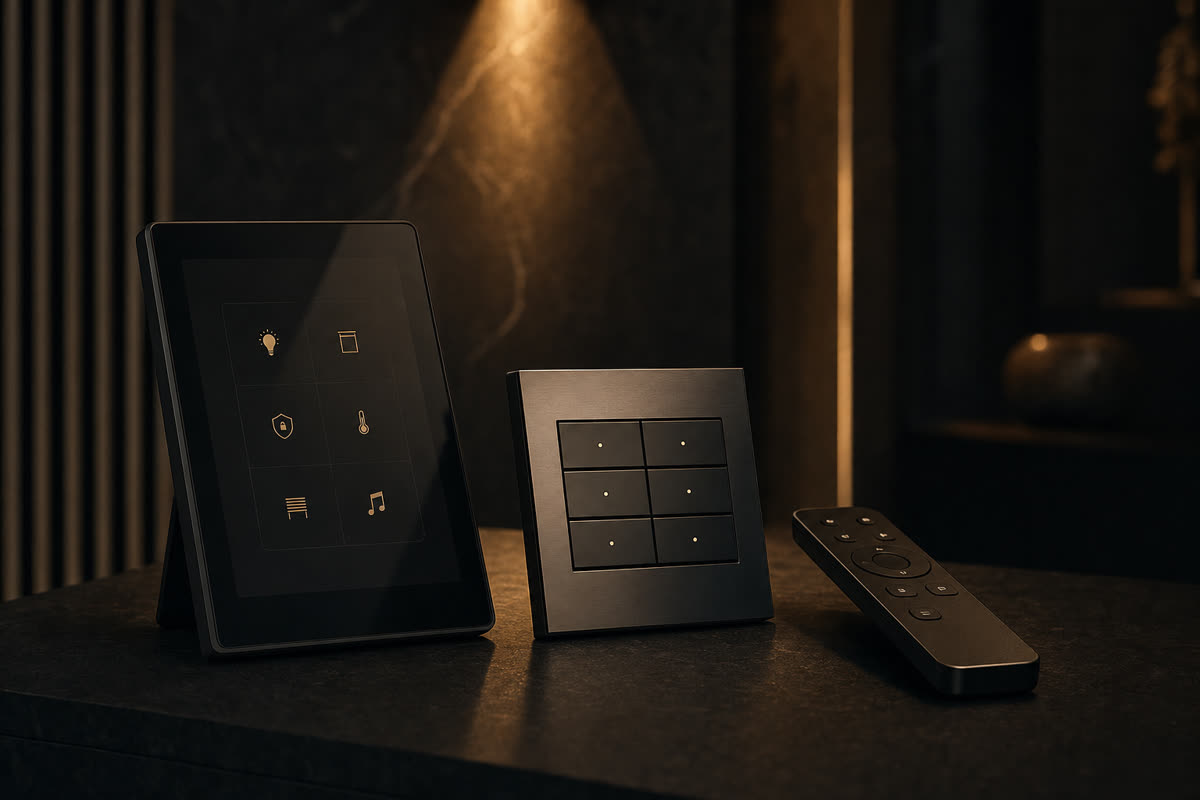 Three minimalist luxury control devices on a dark stone surface under warm amber light