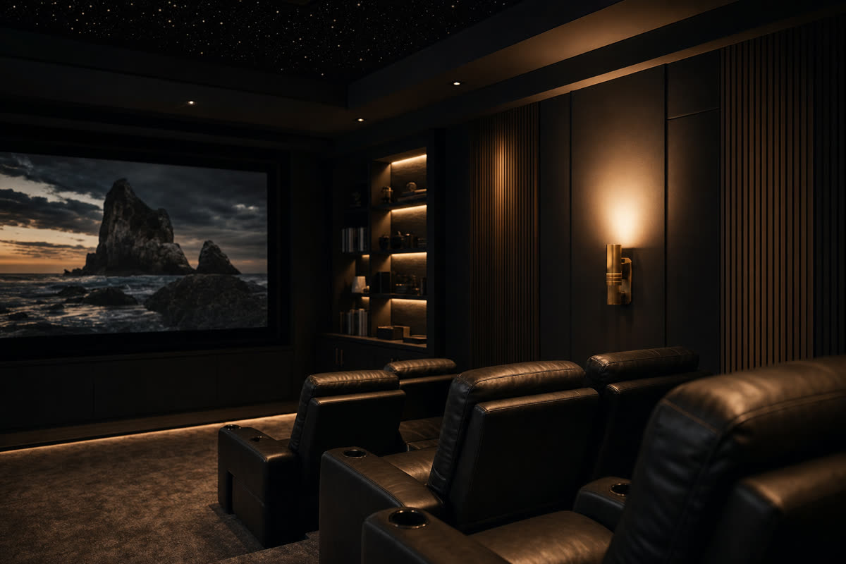 Moody luxury home theater with dark acoustic panels, leather recliners, and a warm amber sconce