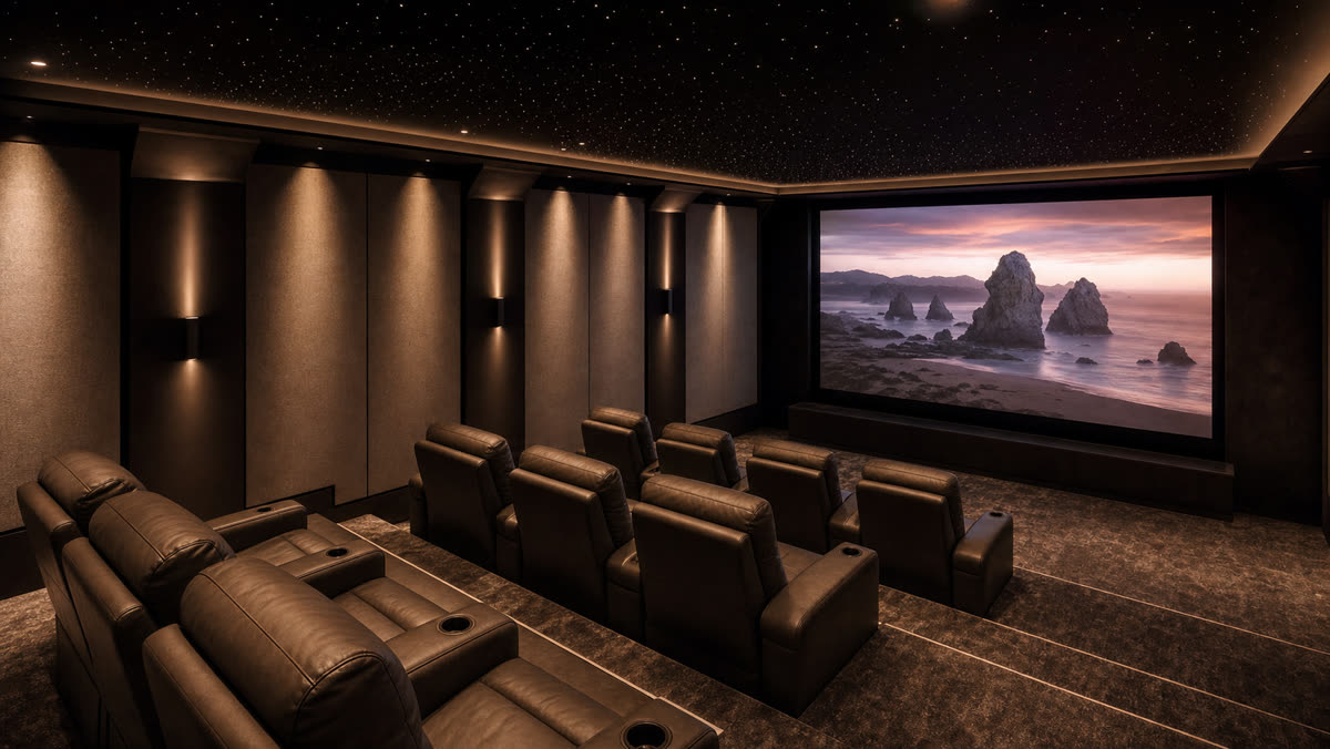 Dedicated home theater in a Westchester County home with tiered leather seating, a large screen, fabric acoustic panels, and a star ceiling
