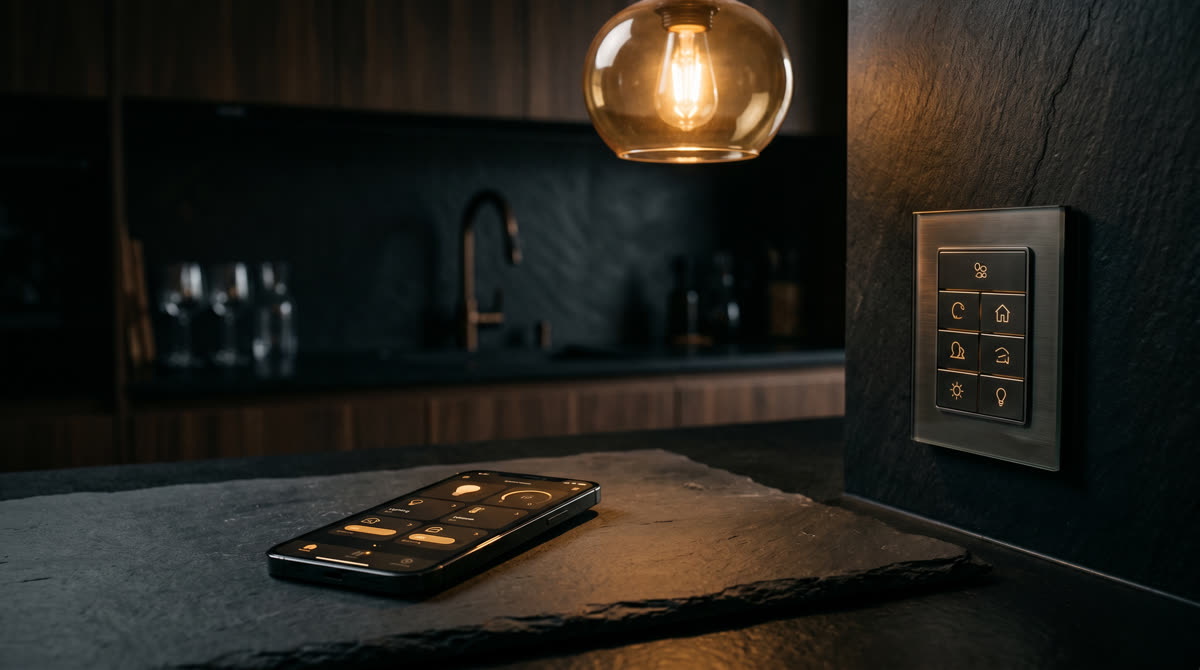Smartphone showing smart home app on a slate countertop next to a luxury keypad and warm amber pendant light, dark moody kitchen background