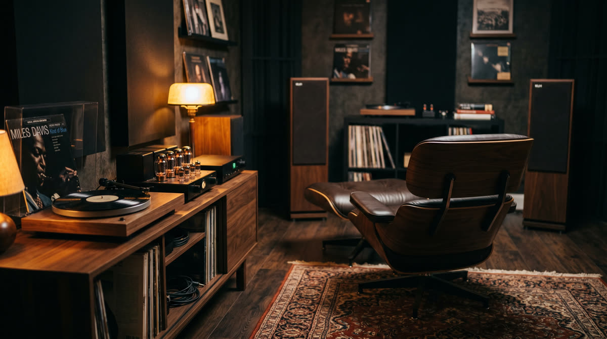 A moody dedicated listening room. turntable on a walnut credenza with vinyl LP, glowing tube amplifier, leather chair facing floor speakers in warm amber light