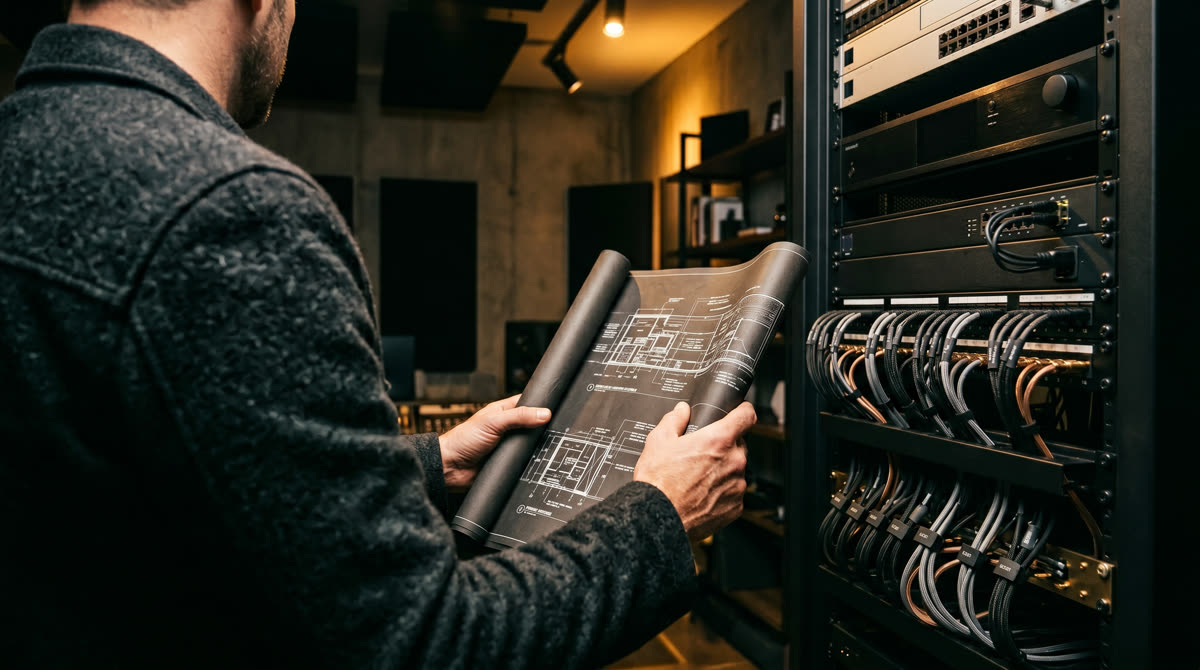 Project manager reviewing rolled blueprints next to a custom AV equipment rack in a moody utility room with warm amber accent lighting