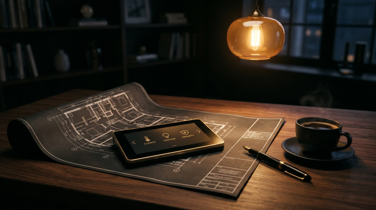 Architect blueprint with embedded smart home schematic and luxury control panel sample on a moody walnut desk with warm amber accent light