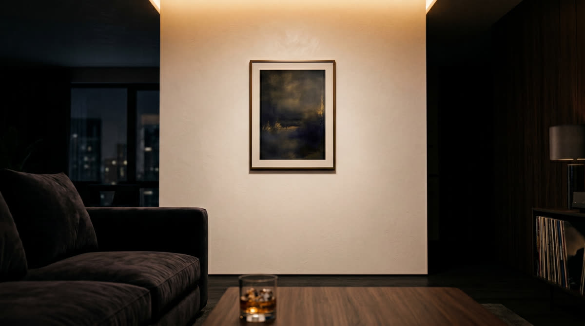 Luxury living room at night with a perfectly smooth white plaster wall and fine art -- sound implied, no hardware visible