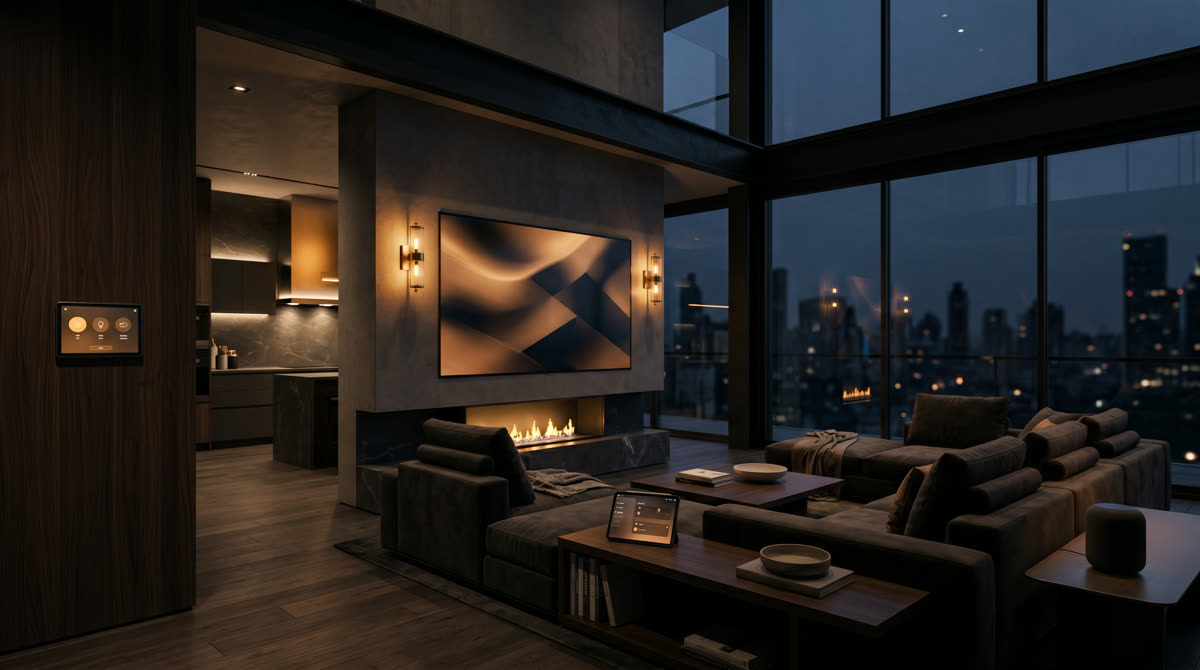 Open-concept luxury living room at dusk with large display, wall-mounted automation panel, and ambient sconces suggesting a fully connected smart home ecosystem