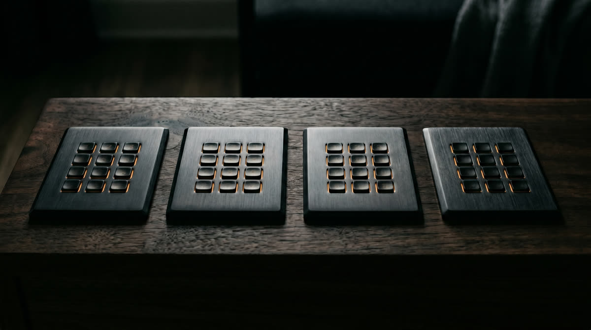 Four luxury architectural metal keypad faceplates with amber backlit buttons arranged on dark walnut surface -- Restrepo Innovations