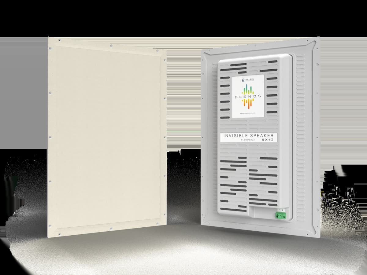 Origin Acoustics BLENDS invisible speaker pair shown as a concealed architectural audio solution for new construction