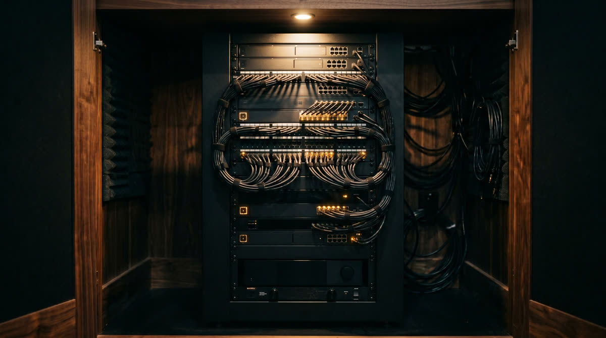 Luxury AV equipment rack in a high-end home network closet, illuminated by warm amber status LEDs and a single overhead pin spot. Restrepo Innovations Care Plans