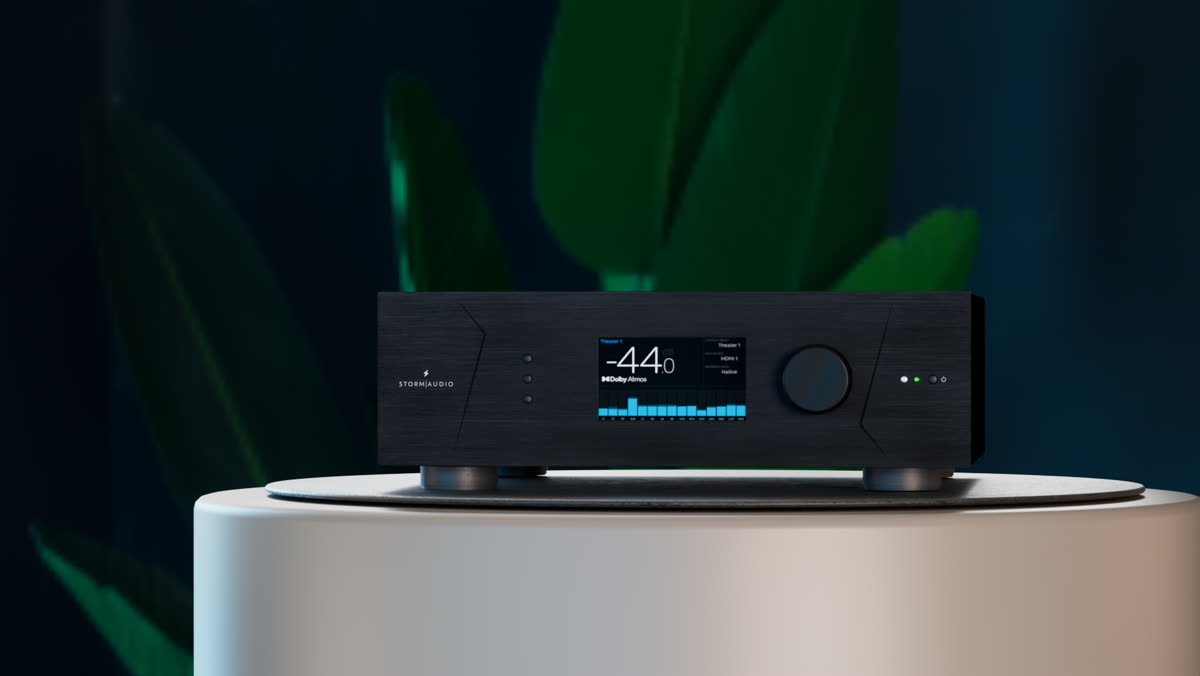 StormAudio Evo immersive audio processor with digital connections for a cinema system