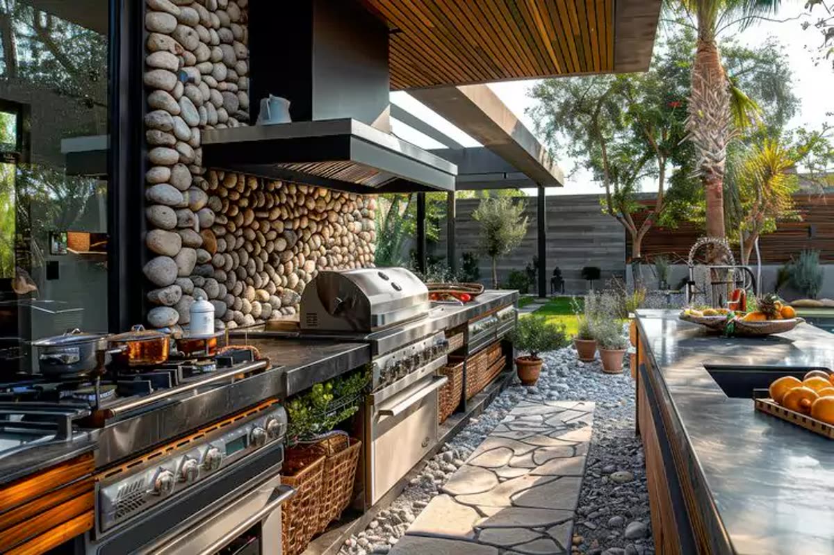Terracare Landscaping outdoor kitchen installation with stone counter, built-in grill, and covered seating area