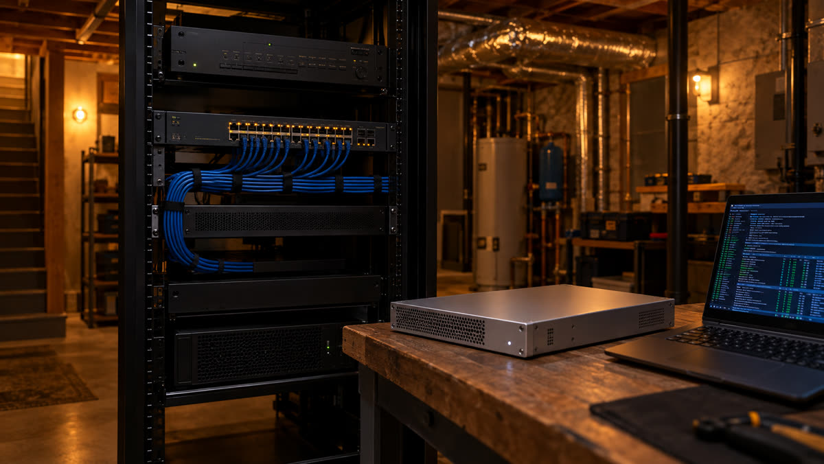 Legacy control processor and enterprise network switch in a residential AV rack, next to a Restrepo Field Node appliance on a workbench with diagnostic laptop