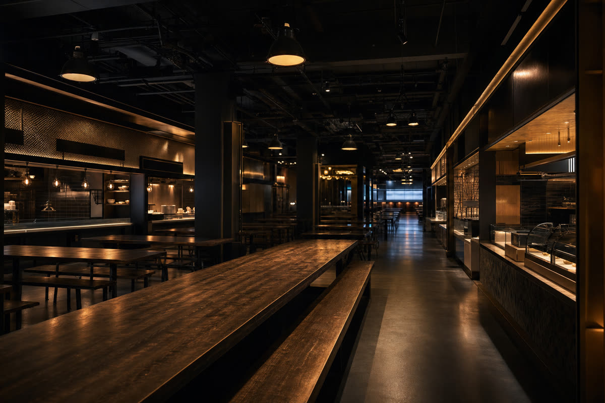 Editorial image of an empty food hall lit by warm overhead lighting, evoking the Time Out Market Manhattan operating environment