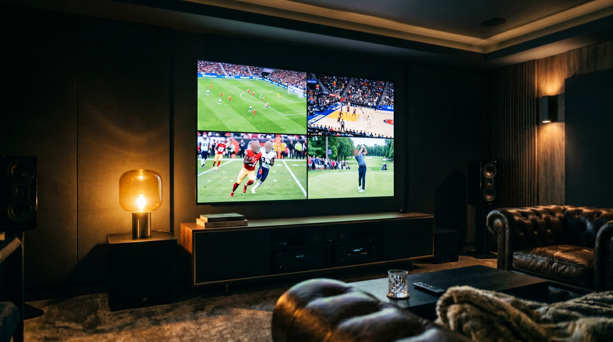 Luxury home media room with a 4-up video tile of multiple sports games on a large 4K display, warm amber lamp accent, leather seating in foreground