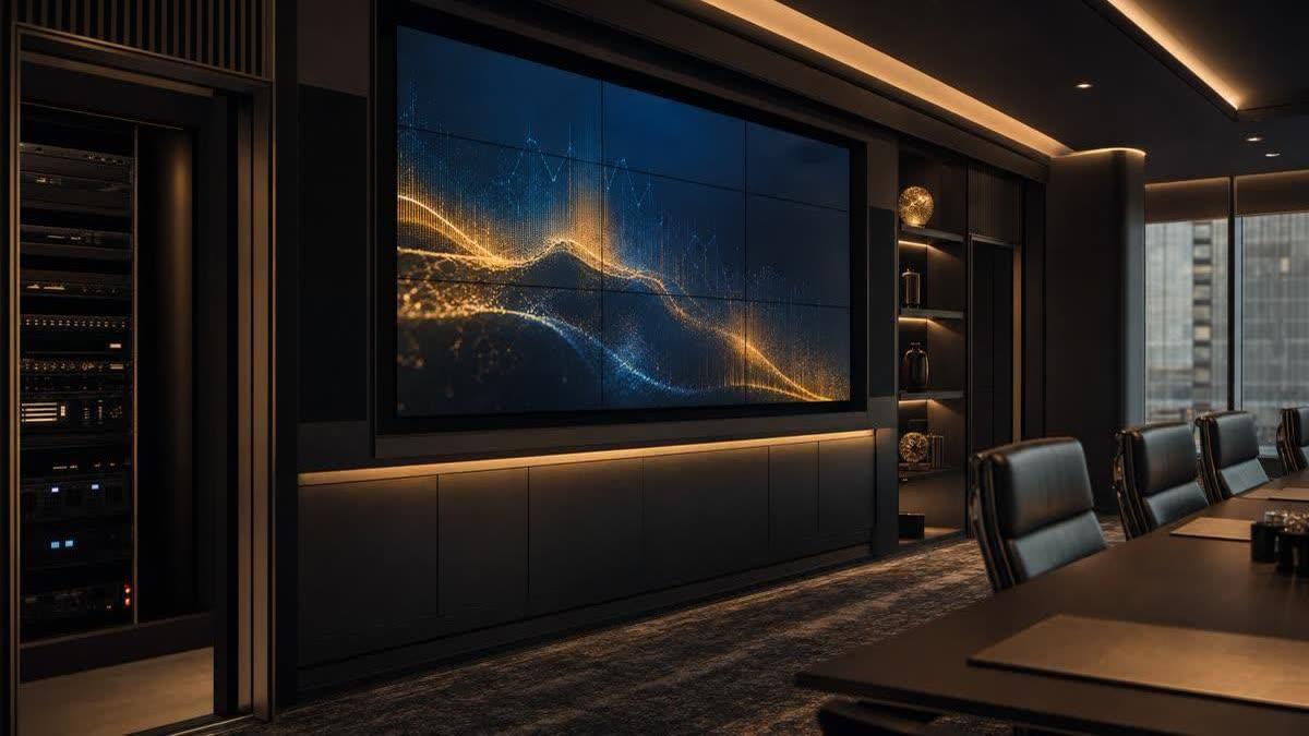 Commercial video wall installation in a New Jersey boardroom with aligned display panels, concealed cabling, and a labeled equipment rack