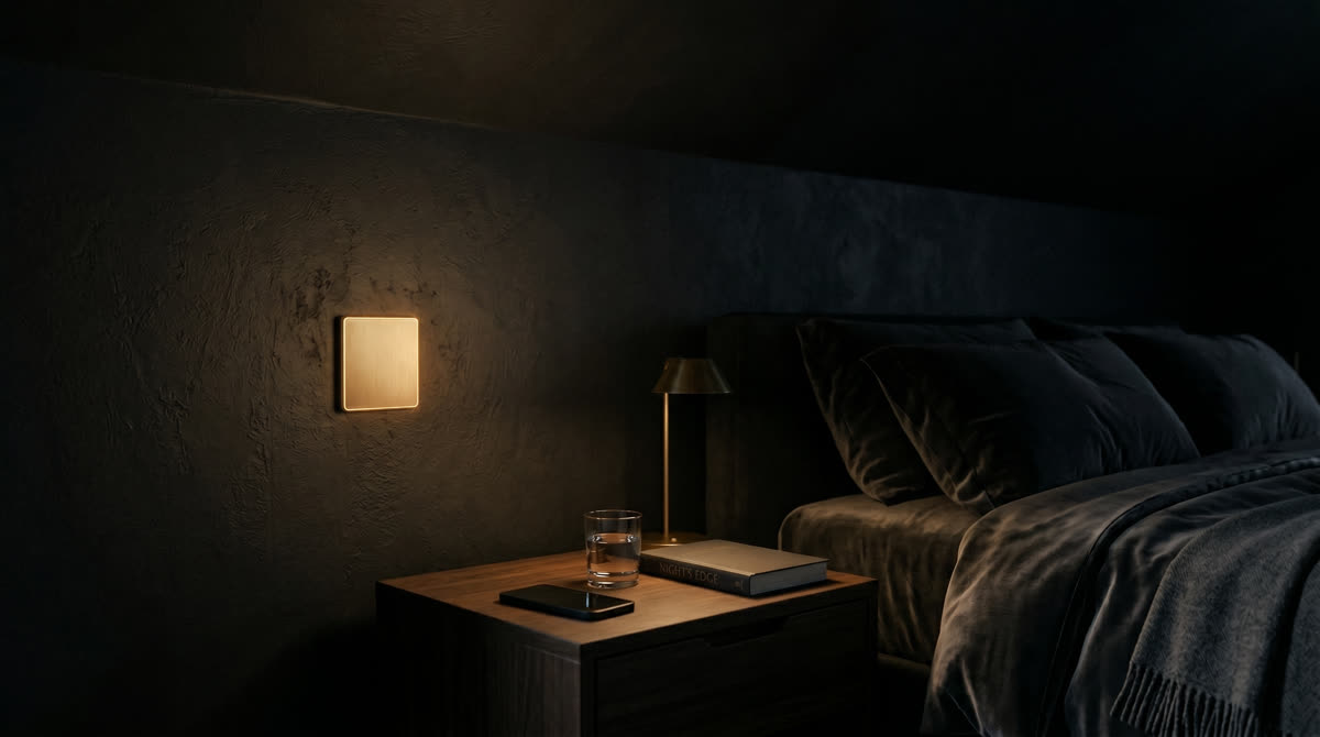 Brushed brass keypad glowing warm amber on textured plaster wall in a quiet bedroom at night, walnut nightstand with a phone face down beside a glass of water and a hardcover book