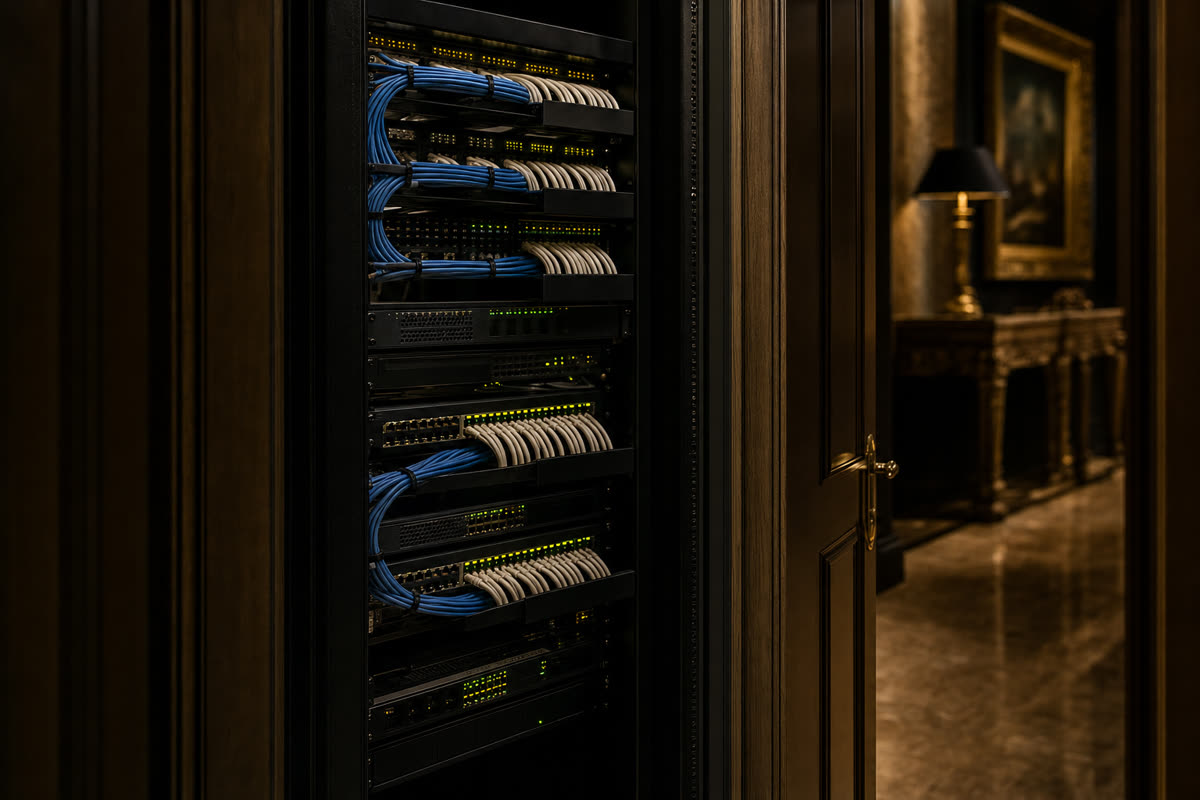 Luxury home network rack with managed switches and labeled patch panels in a Westchester County estate equipment closet