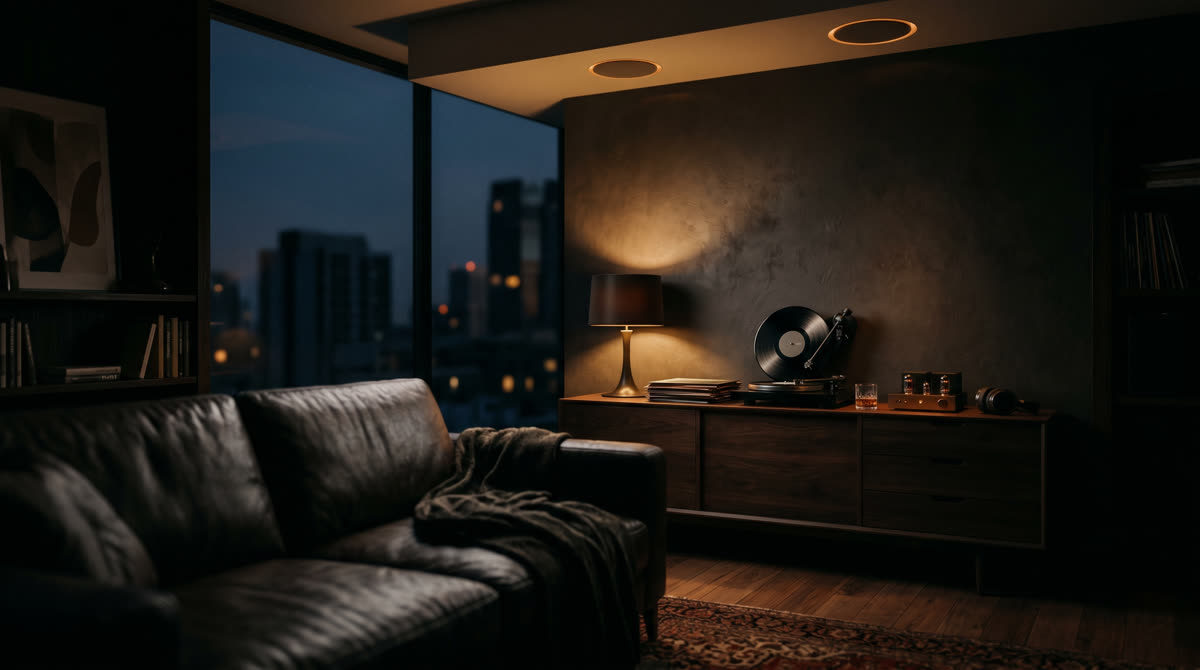 Luxury living room at dusk with flush in-ceiling speakers, vinyl record on credenza, leather sofa in soft focus foreground