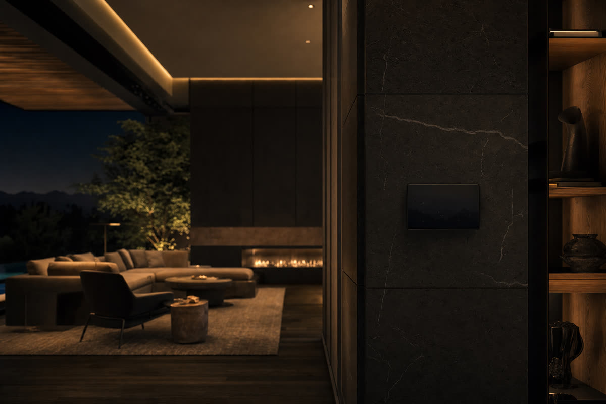 How Much Does a Whole-Home Crestron Automation System Cost in New Jersey -- luxury great room at night with touchscreen on stone wall