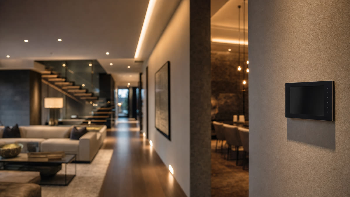 Whole-home Crestron automation system cost in New Jersey, shown in an elegant luxury home interior with integrated lighting and a wall-mounted control panel
