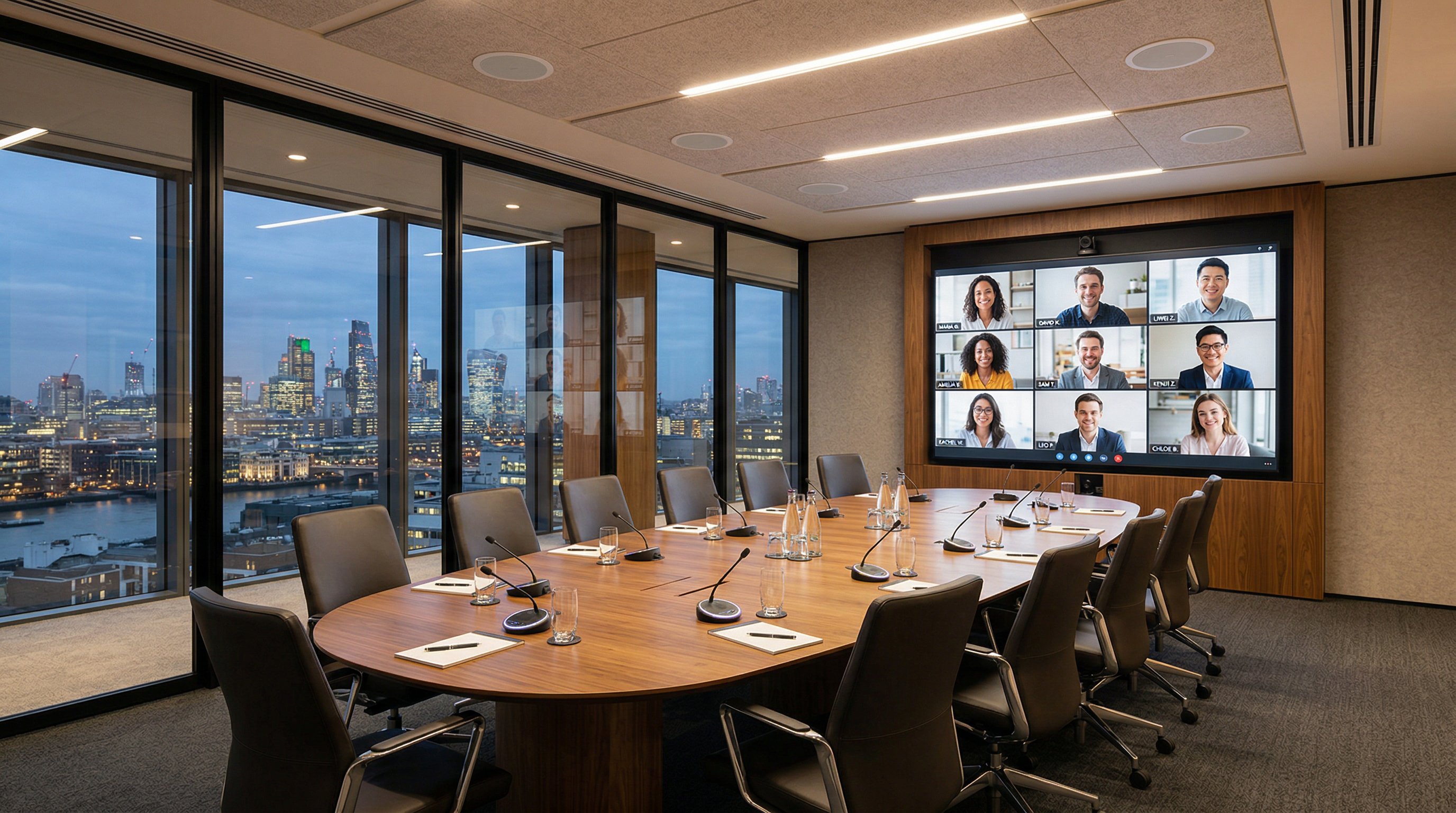 Modern conference room with 360-degree camera and large display for hybrid meetings