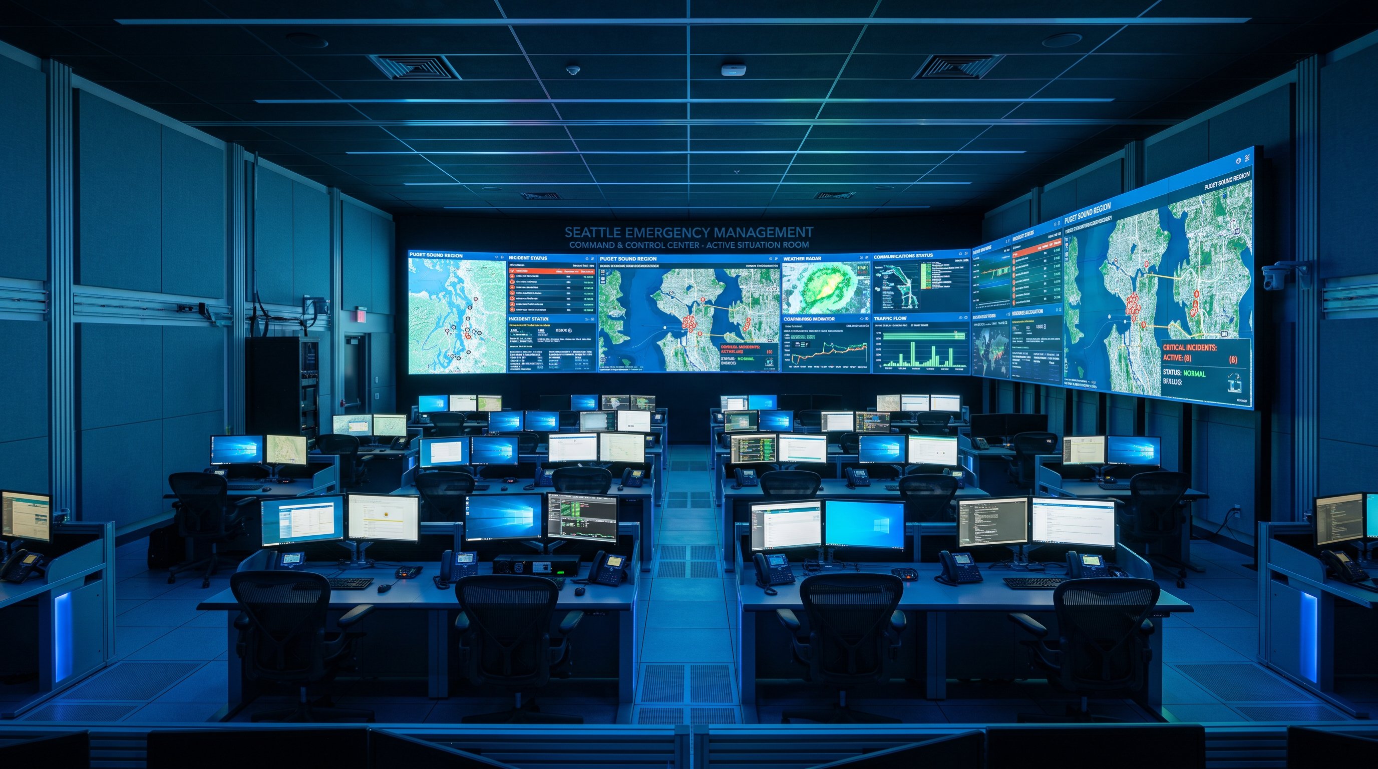 Modern emergency operations center with large video wall displays showing maps and data feeds