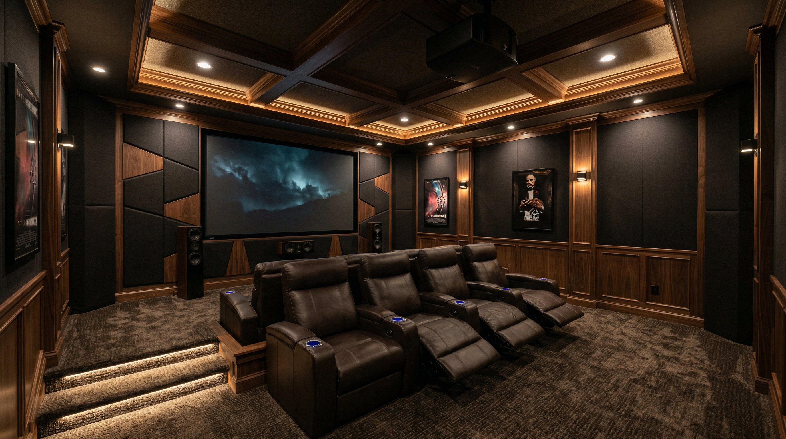 Luxury home theater room with elegant acoustic panels and premium seating