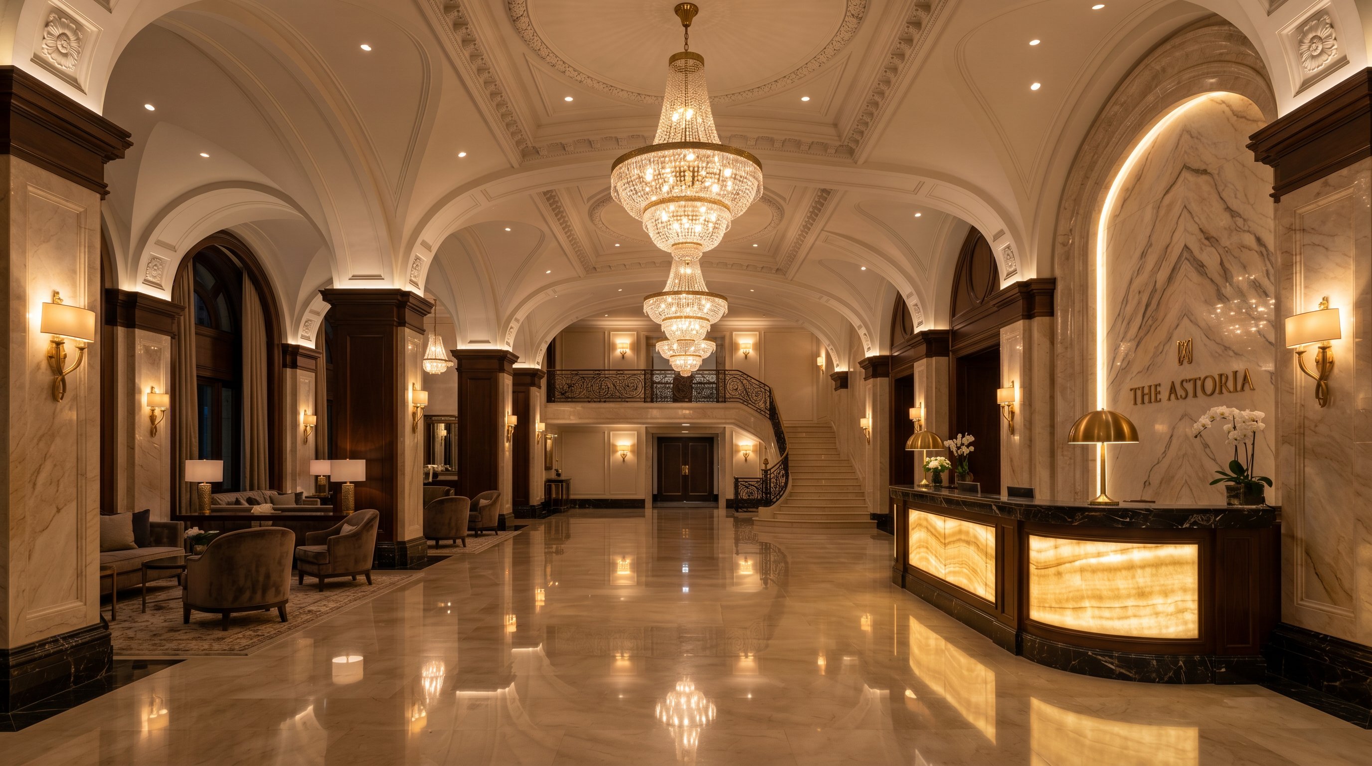 Elegant luxury hotel lobby with sophisticated multi-layered lighting design and crystal chandeliers