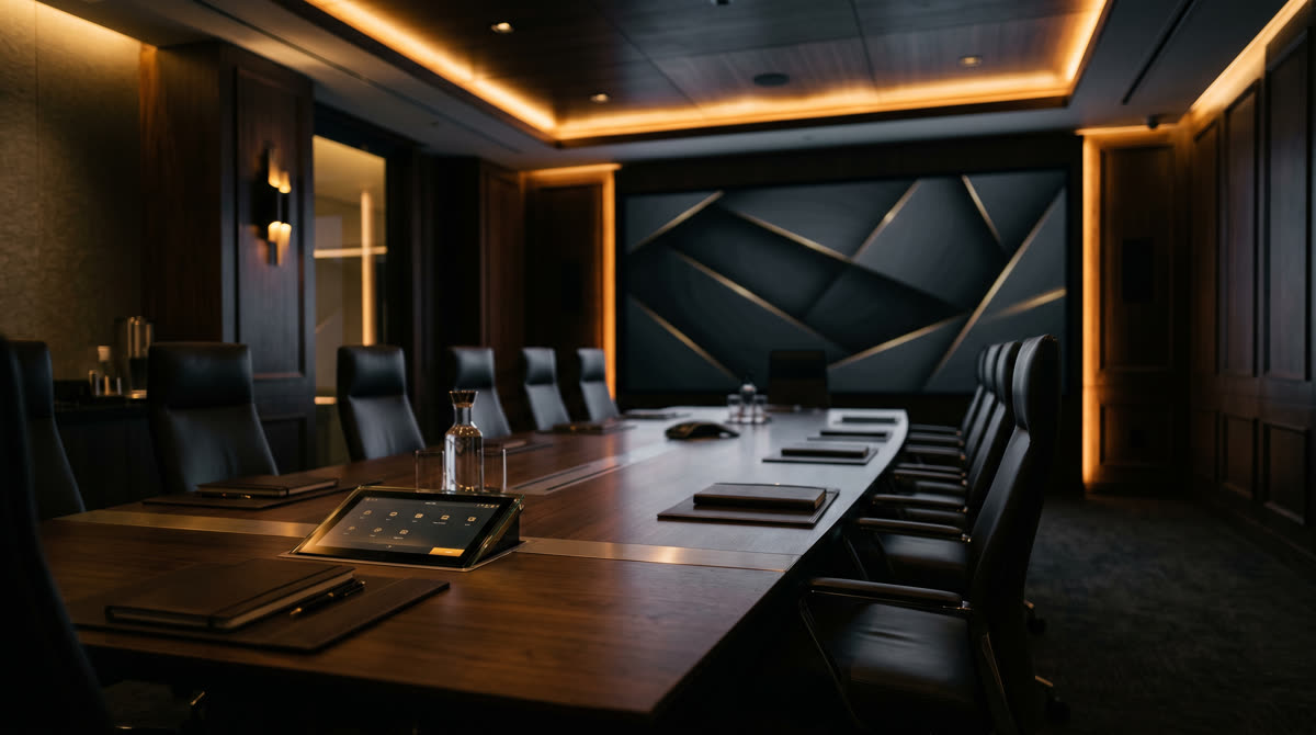 Executive boardroom commercial AV system in a Bergen County NJ corporate headquarters