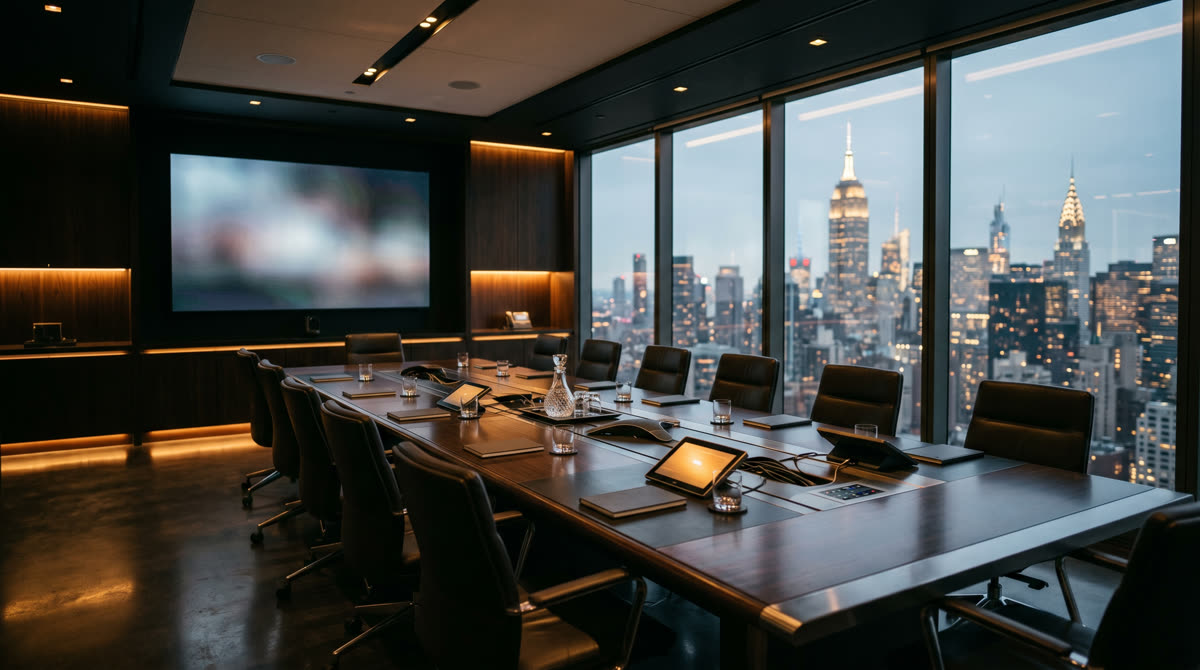 Manhattan executive boardroom with integrated commercial AV and Crestron control