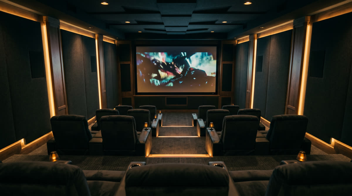 Luxury home theater in an Alpine NJ estate with reference 4K projection and acoustic treatment