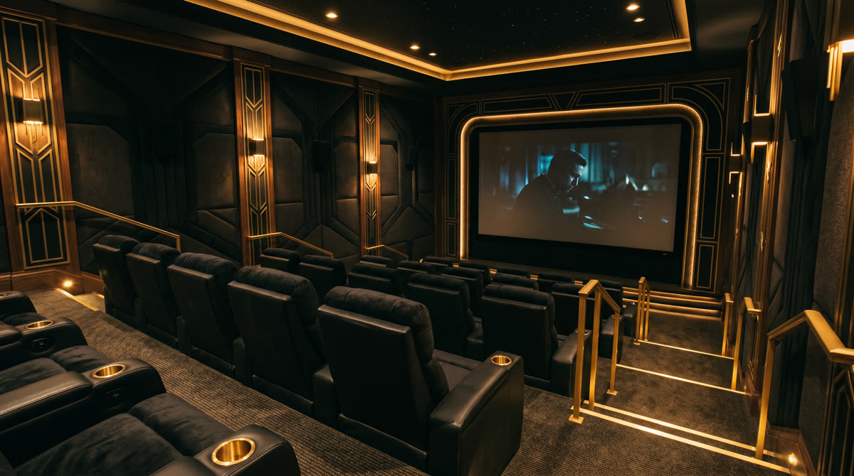 Dedicated reference cinema in a Fairfield County CT estate with laser projection and theater seating