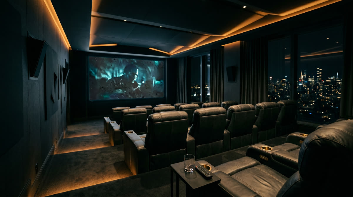 Manhattan penthouse home theater with reference 4K projection and acoustic treatment